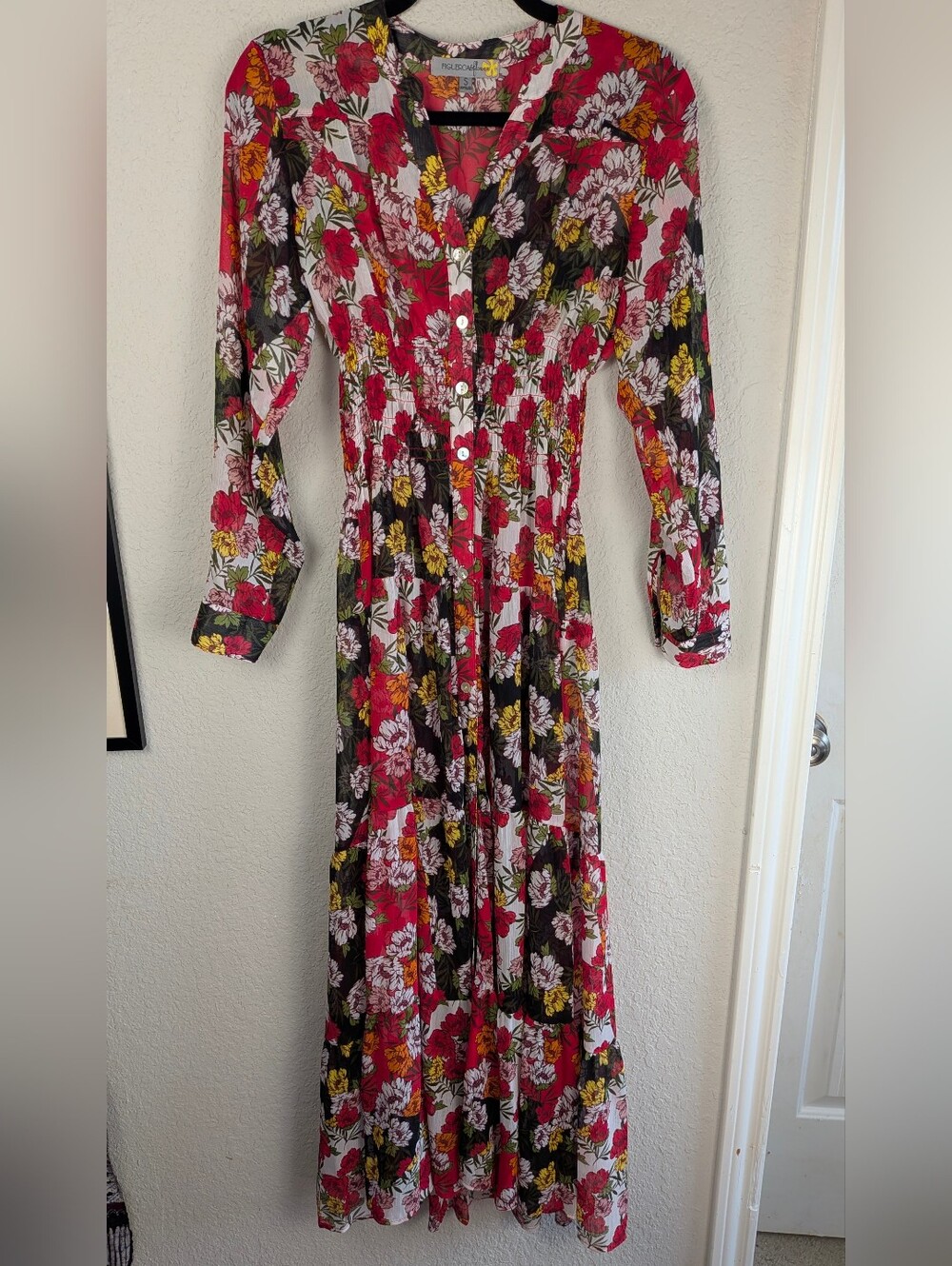 Figueroa & Flower Sheer Maxi Dress S Long Sleeve Smocked Waist Floral UNLINED